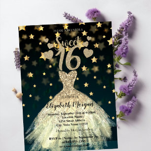 Elegant Dress Gold Stars Glitter Sweet 16 Party Invitation
