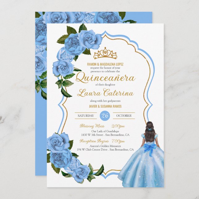 Elegant Dress Quinceanera Light Blue Roses Invitat Invitation (Front/Back)