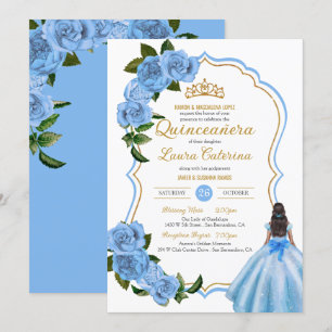 Elegant Dress Quinceanera Light Blue Roses Invitat Invitation