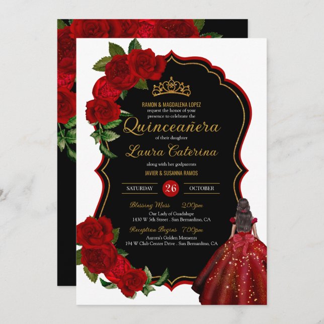 Elegant Dress Quinceanera Red Roses Black and Gold Invitation (Front/Back)
