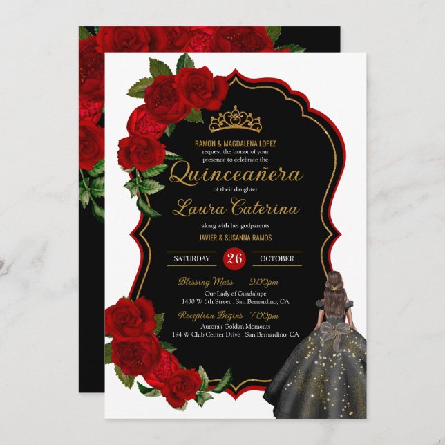 Elegant Dress Quinceanera Red Roses Black and Gold Invitation (Front/Back)