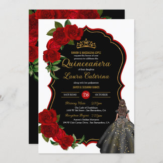 Elegant Dress Quinceanera Red Roses Black and Gold Invitation