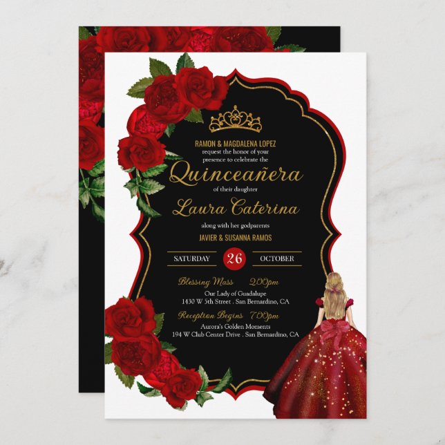 Elegant Dress Quinceanera Red Roses Black and Gold Invitation (Front/Back)