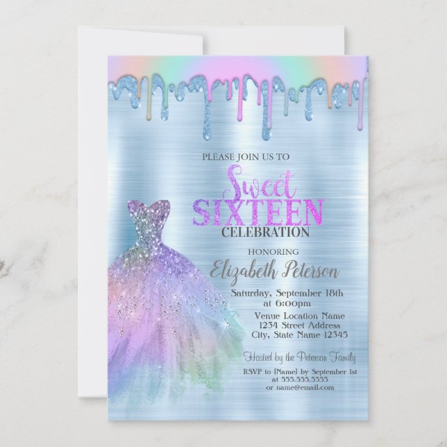 Elegant Dress Rainbow Drips Blue Metallic Invitation (Front)