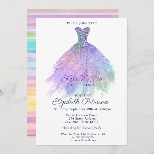 Elegant Dress Watercolor Colourful Striped Sweet 1 Invitation (Front/Back)