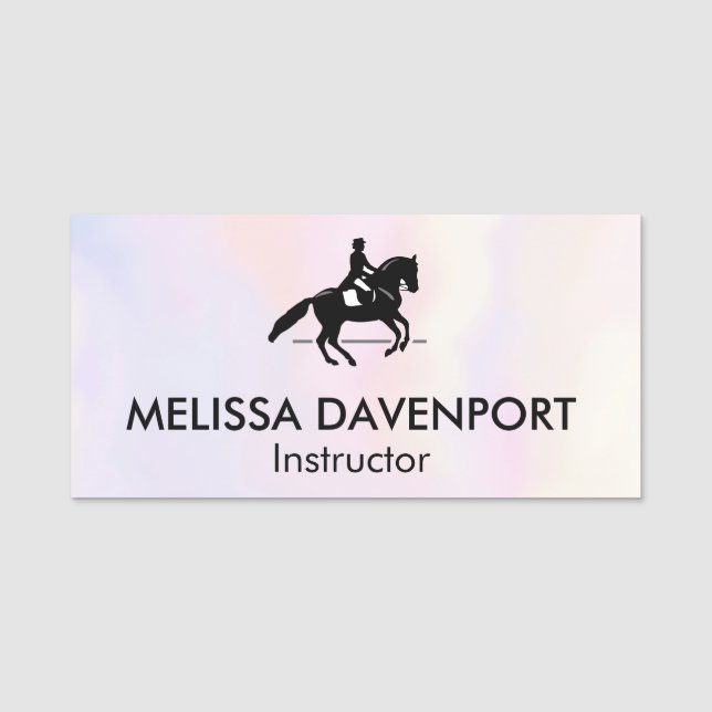 Elegant Dressage Rider on a Watercolor Background Name Tag (Front)