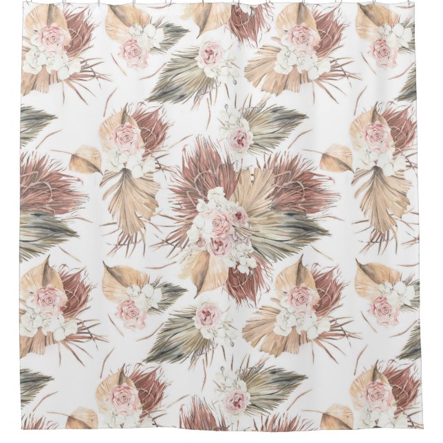 Elegant Dried Palm Leaves and Tropical Flowers Shower Curtain (Front)