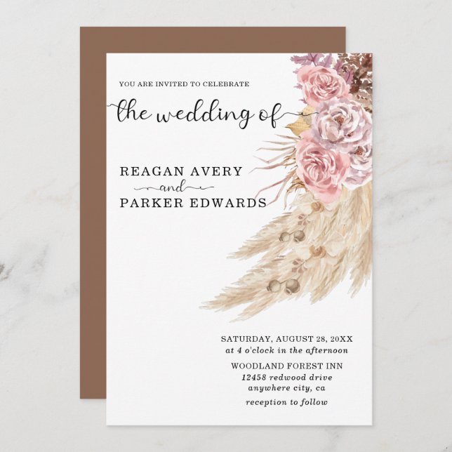 Elegant Dried Pampas Grass Floral Wedding Invitation (Front/Back)