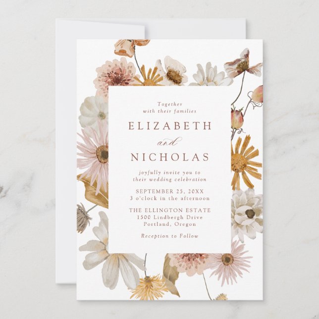 Elegant Dried Wildflower Floral Wedding Invitation (Front)
