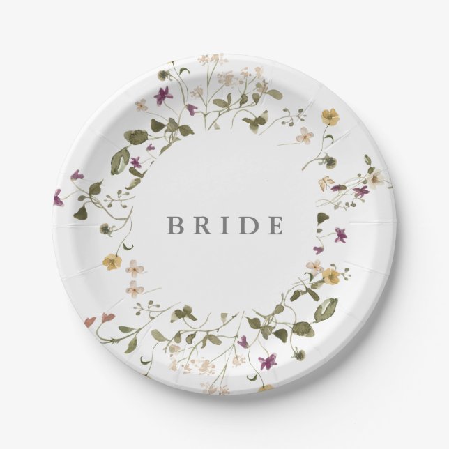 Elegant Dried Wildflower Pampas Floral Wedding Paper Plate (Front)