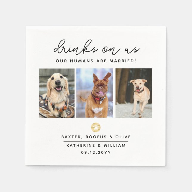 Elegant Drinks on Us 3 Pets Photo Wedding Napkin (Front)