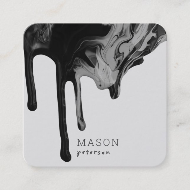Elegant Dripping Marble Paint Seamless |Black Gray Square Business Card (Front)