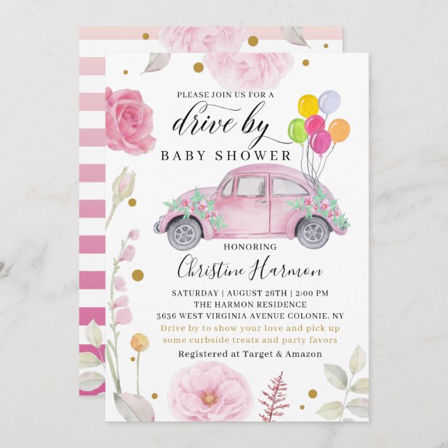 Elegant Drive By Baby Shower Parade Pink Floral Invitation (Front/Back)