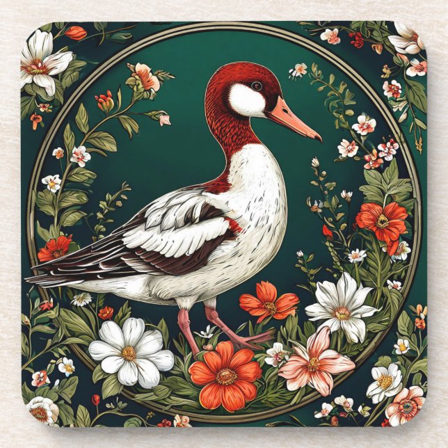 Elegant Duck Surrounded by Vibrant Flowers Coaster (Front)