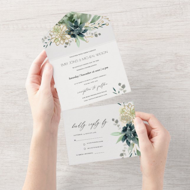 Elegant Dusky Blue Green Succulent Foliage Wedding All In One Invitation (Tearaway)