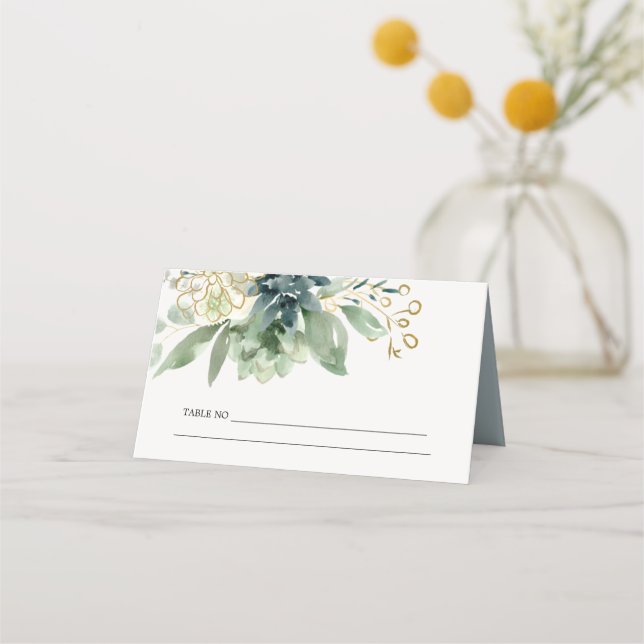 Elegant Dusky Blue Green Succulent Foliage Wedding Place Card (Back)