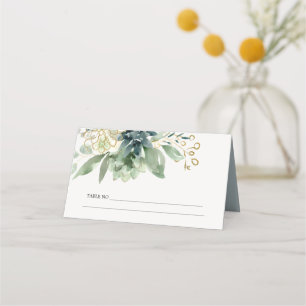 Elegant Dusky Blue Green Succulent Foliage Wedding Place Card