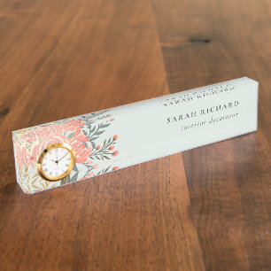 Elegant Dusky Blue Orange Blush Ambrosia Floral Nameplate