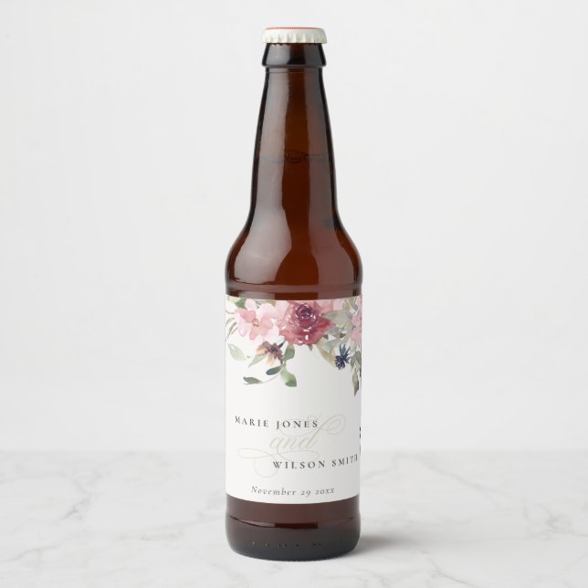 Elegant Dusky Blush Rose Wildflower Floral Wedding Beer Bottle Label (Front)