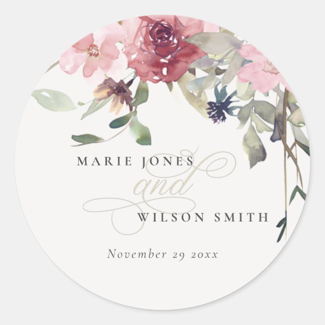 Elegant Dusky Blush Rose Wildflower Floral Wedding Classic Round Sticker (Front)