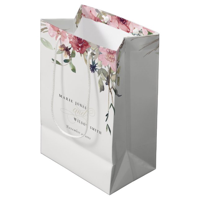 Elegant Dusky Blush Rose Wildflower Floral Wedding Medium Gift Bag (Front Angled)
