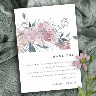 Elegant Dusky Blush Watercolor Floral Wedding Thank You Card