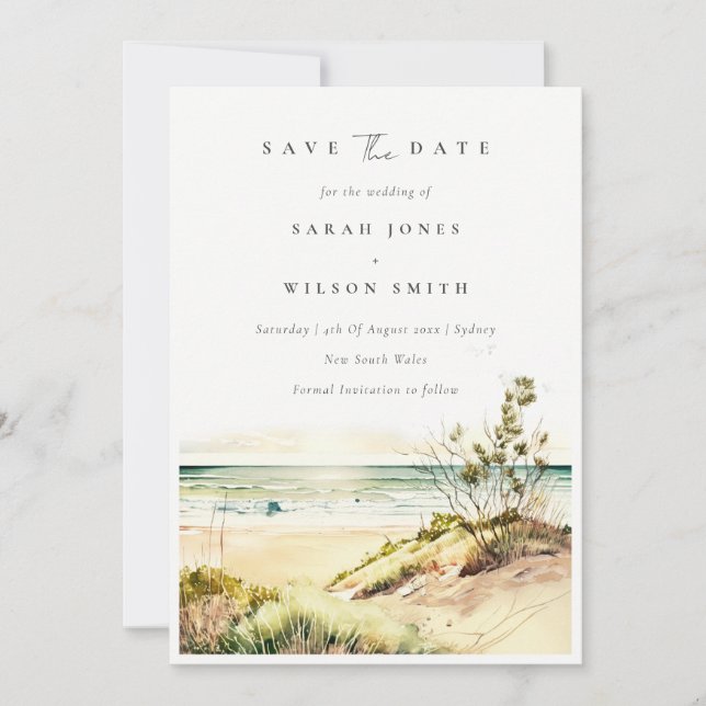 Elegant Dusky Coastal Beach Sand Sun Seascape Save The Date (Front)