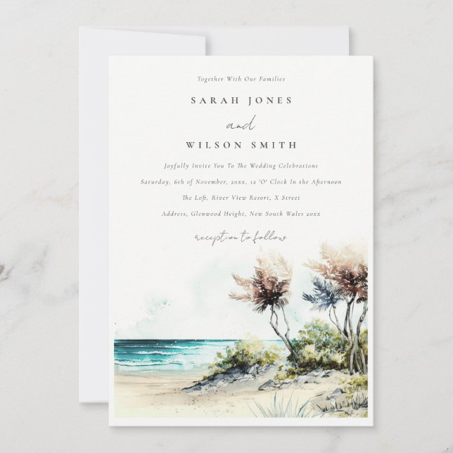 Elegant Dusky Coastal Palm Beach Seascape Wedding Invitation (Front)