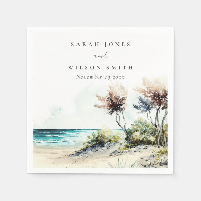 Elegant Dusky Coastal Palm Beach Seascape Wedding Napkin (Front)
