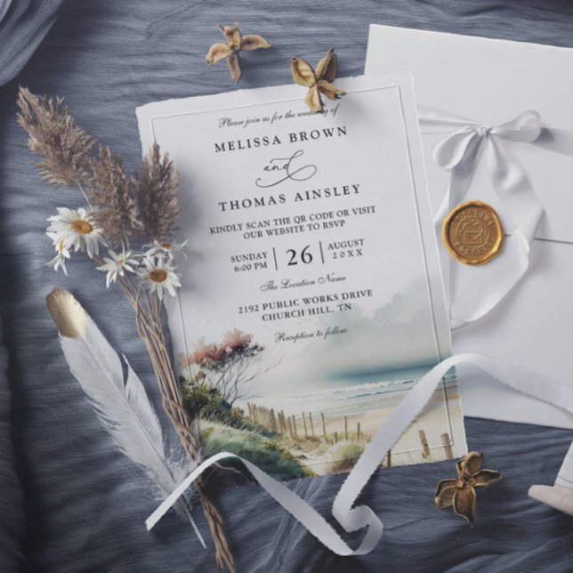 Elegant Dusky Coastal Sand Beach QR Code Wedding Invitation (Creator Uploaded)
