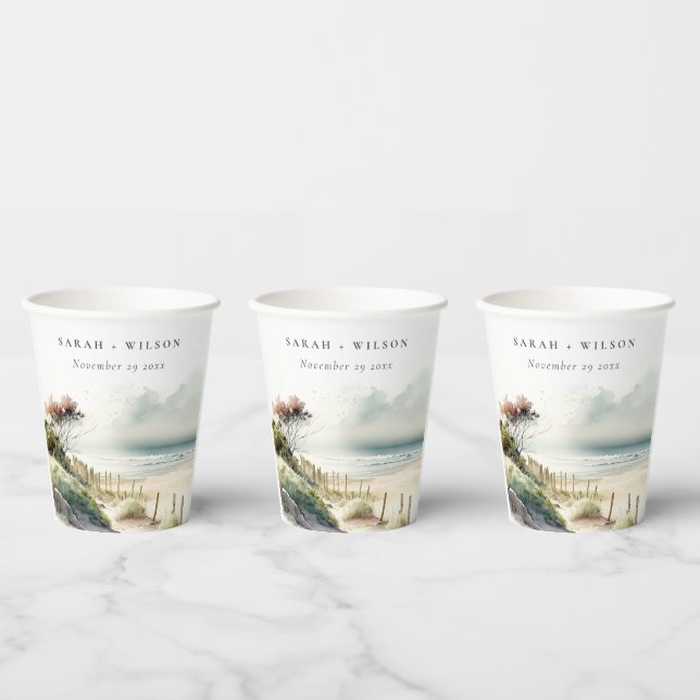 Elegant Dusky Coastal Sand Beach Seascape Wedding Paper Cups (Multi)