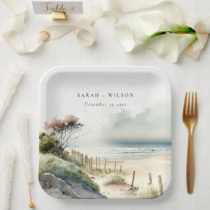 Elegant Dusky Coastal Sand Beach Seascape Wedding Paper Plate