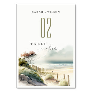 Elegant Dusky Coastal Sand Beach Seascape Wedding Table Number