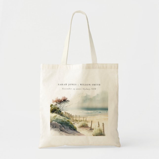 Elegant Dusky Coastal Sand Beach Seascape Wedding Tote Bag (Front)