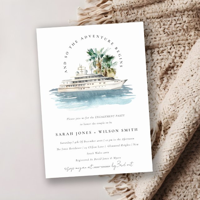 Elegant Dusky Cruise Ship Palm Seascape Engagement Invitation (Creator Uploaded)