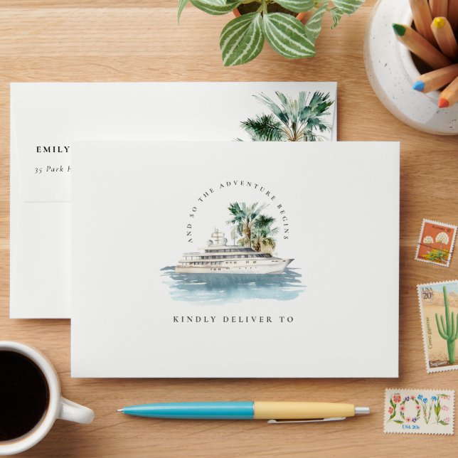 Elegant Dusky Cruise Ship Palm Seascape Wedding  Envelope (Desk)