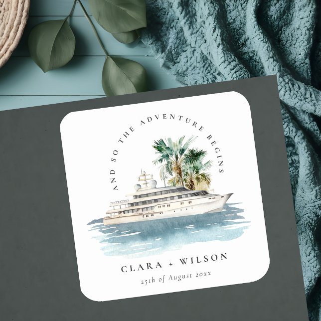 Elegant Dusky Cruise Ship Palm Seascape Wedding  Square Sticker (Creator Uploaded)