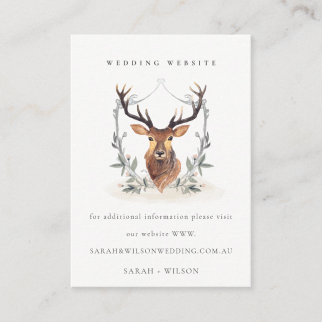 Elegant Dusky Deer Floral Crest Wedding Website Enclosure Card (Front)