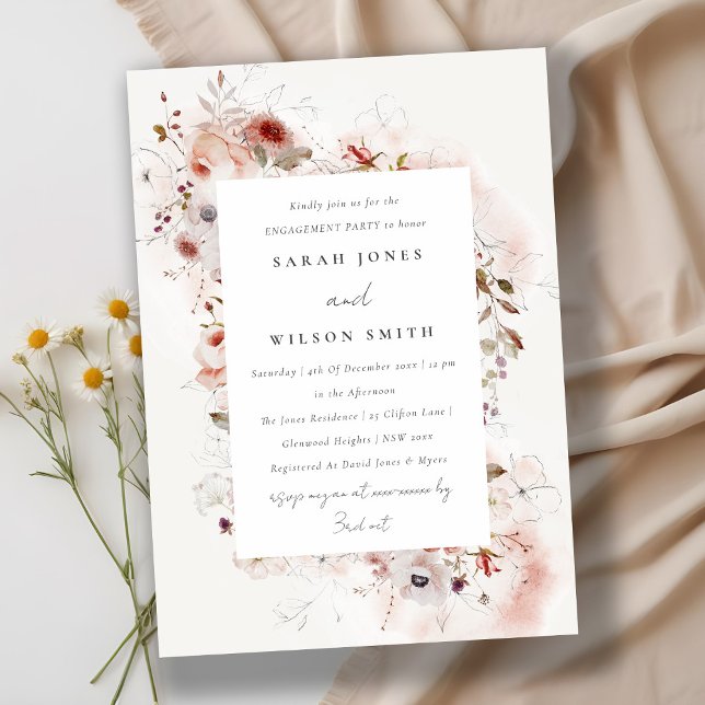 Elegant Dusky Fall Marsala Blush Floral Engagement Invitation (Creator Uploaded)