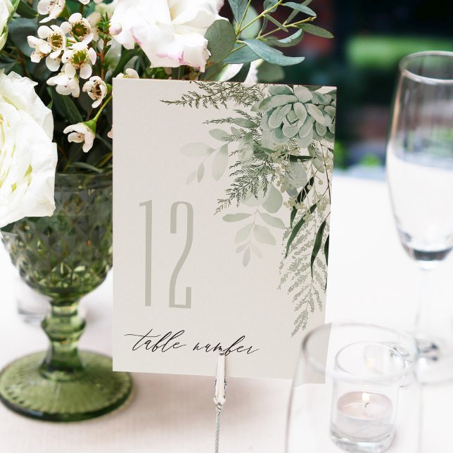 Elegant Dusky Leafy Fern Succulent Wedding Table Number (Creator Uploaded)