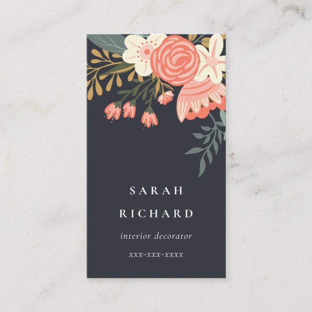 Elegant Dusky Orange Blush Black Ambrosia Floral  Business Card (Front)