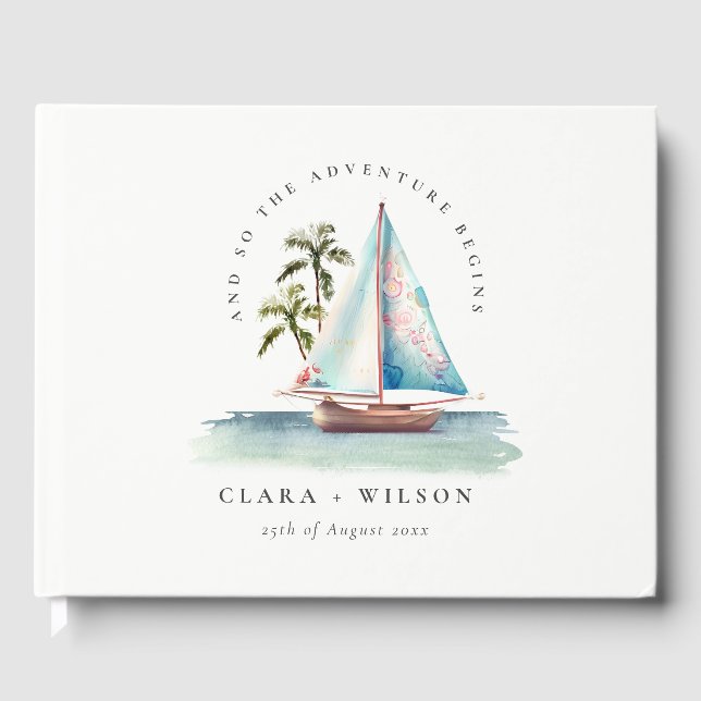 Elegant Dusky Teal Sailboat Palm Seascape Wedding  Guest Book (Front)