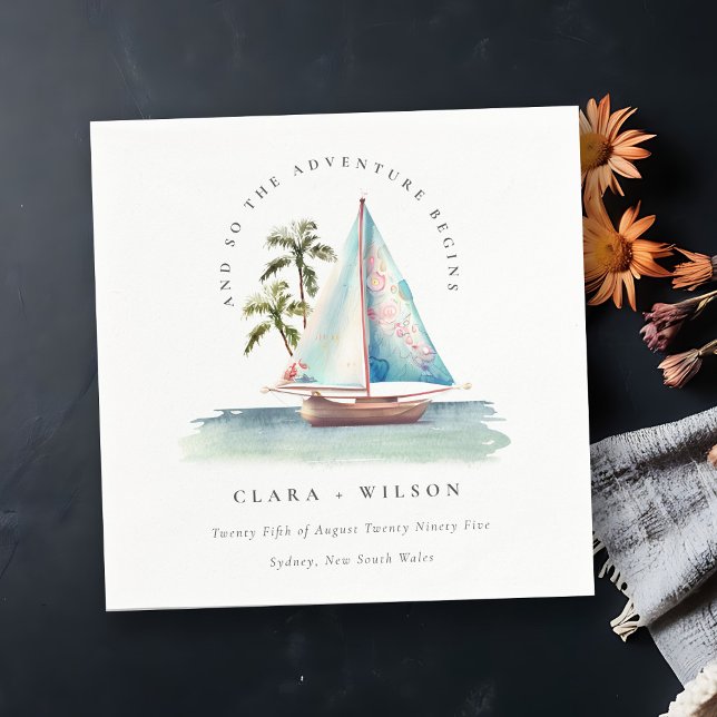 Elegant Dusky Teal Sailboat Palm Seascape Wedding  Napkin (Creator Uploaded)