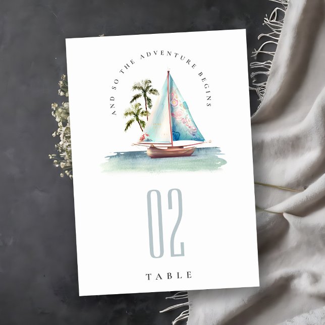 Elegant Dusky Teal Sailboat Palm Seascape Wedding  Table Number (Creator Uploaded)
