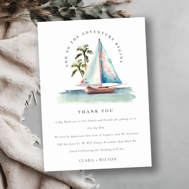 Elegant Dusky Teal Sailboat Palm Seascape Wedding  Thank You Card (Creator Uploaded)