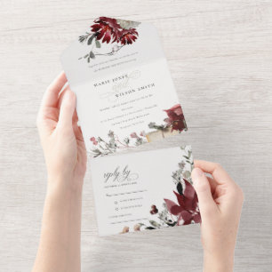 Elegant Dusky Warm Winter Festive Foliage Wedding All In One Invitation