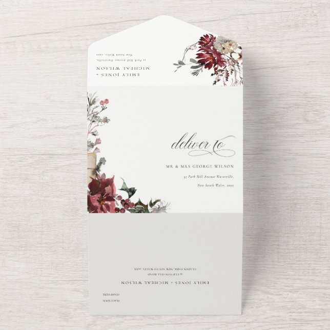 Elegant Dusky Warm Winter Festive Foliage Wedding All In One Invitation (Outside)