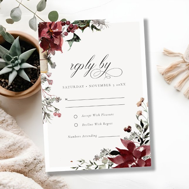 Elegant Dusky Warm Winter Festive Foliage Wedding RSVP Card (Creator Uploaded)
