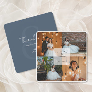 Elegant Dusty Blue 4 Photo Collage Wedding Thank You Card