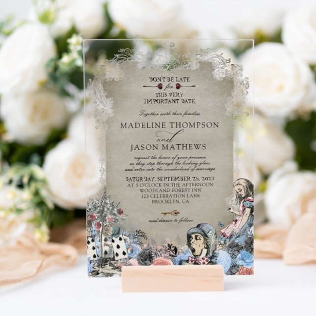 Elegant Dusty Blue Alice in Wonderland Wedding Acrylic Invitations (Creator Uploaded)